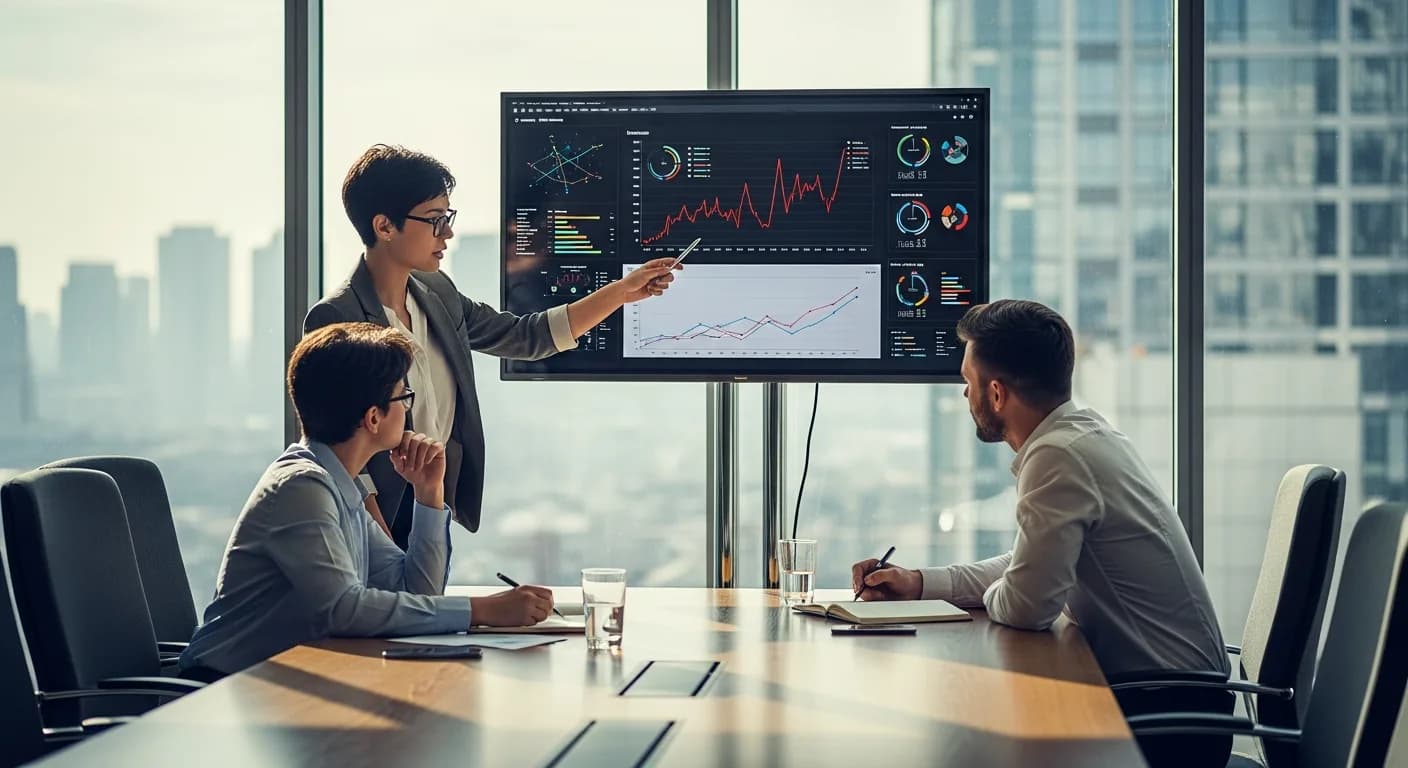 Team bespricht Lernergebnisse in einem modernen Büro